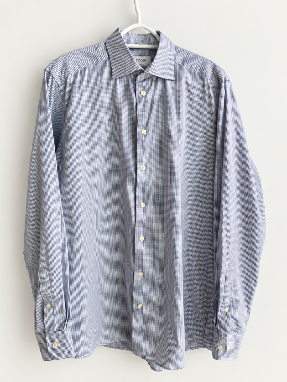 Eton Plaid Dress Shirt Men's size 41-16 Light Blue Micro-Check 100% Cotton